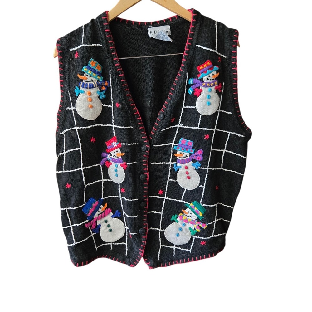 Vintage B.P. Design  Black Knit Snowman Ugly Christmas Sweater Vest Large‎